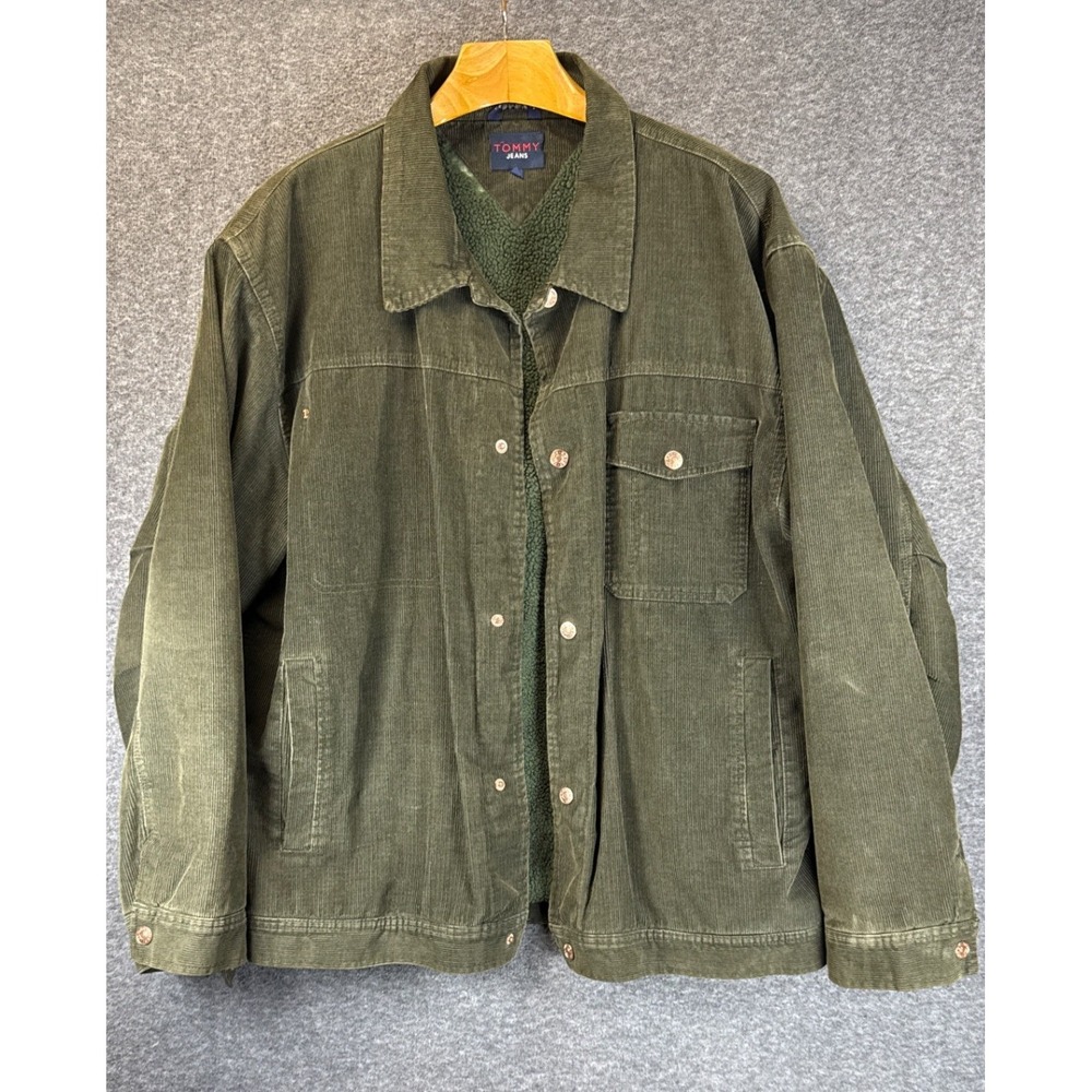 Tommy Jeans Corduroy Jacket Men XL Green Sherpa Lined Vintage 2000 Heavy Shacket
